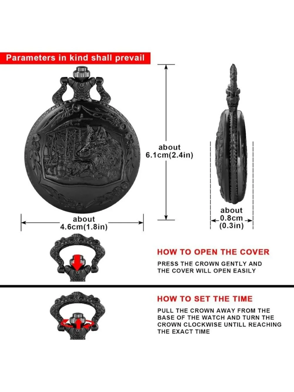Men's Black Analog Quartz Arabic Numerals Engraved Wolf Vintage Pocket Watch